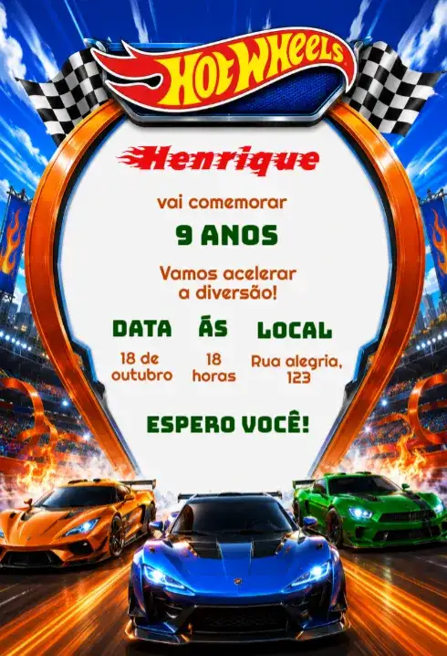Convite de aniversário com tema hot wheels
