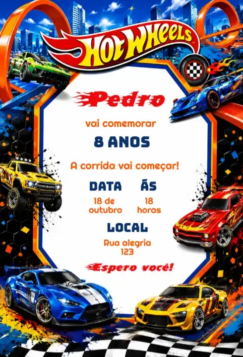 Convite de aniversário com tema Hot Wheels editável