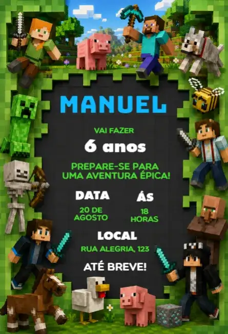 Invitación de cumpleaños con tema de Minecraft