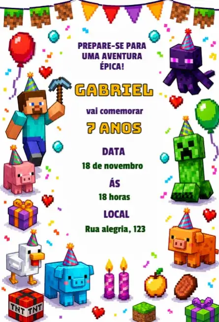 Invitación de cumpleaños con temática de Minecraft