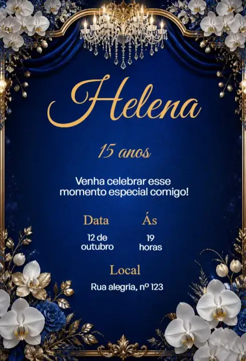 Convite Convite de aniversário de 15 anos edítável – tema 15 anos elegante, moderno, floral, dourado, vintage, minimalista