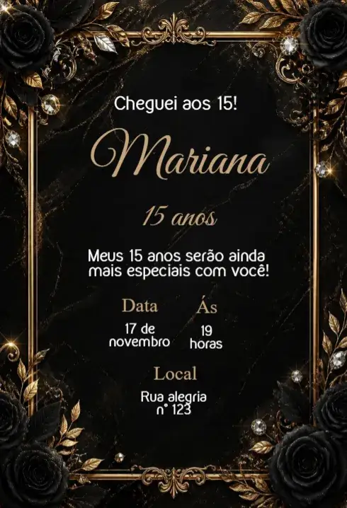 Convite Convite de aniversário de 15 anos editável – tema 15 anos moderno, floral, dourado, elegante, colorido, boho