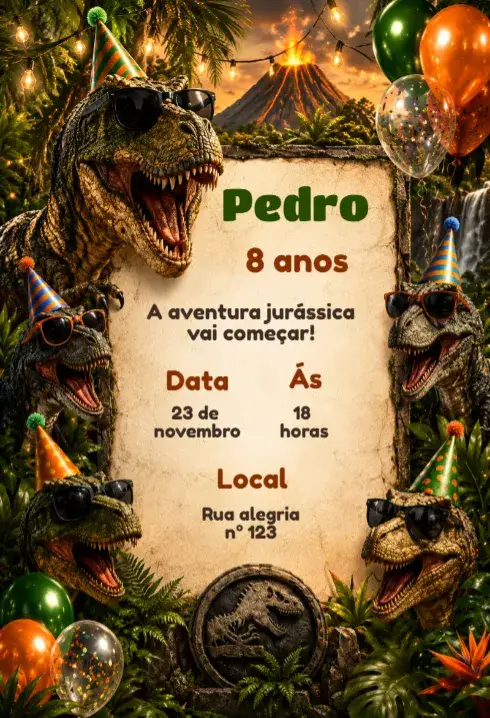 Convite Convite de aniversário dinossauro editável – tema Aniversário Infantil colorido, divertido, aventura, ilustrações de dinossauros, tropical, jovial