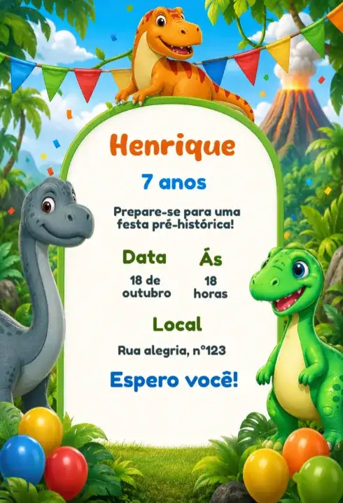 Convite de aniversário dinossauro fofo editável