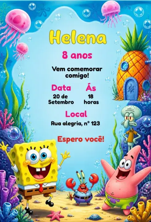 Convite Convite de aniversário do bob esponja – tema Aniversário Infantil colorido, marinho, divertido, lúdico, infantil