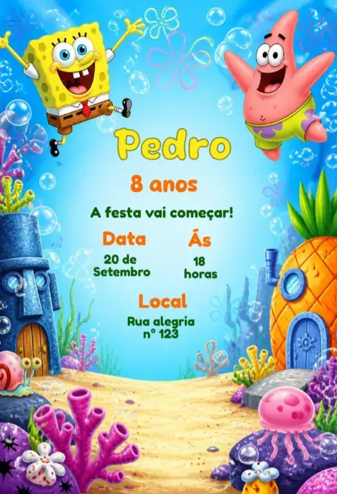 Convite Convite de aniversário do bob esponja – tema Aniversário Infantil colorido, marinho, divertido, infantil, cartoon, temático