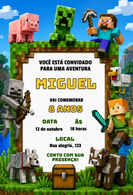 Convite Convite de aniversário do minecraft – tema Aniversário Infantil pixelado, colorido, divertido, jogos, aventura