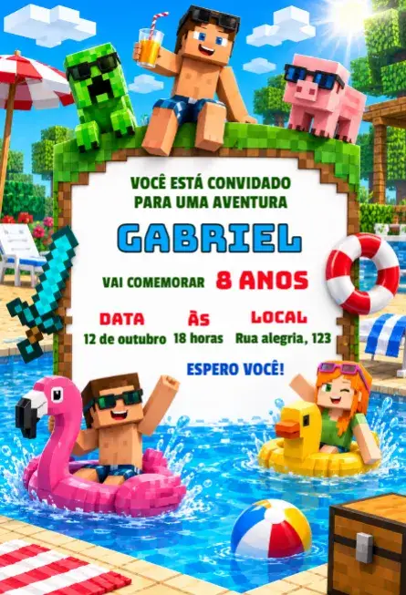 Invitación Invitación de cumpleaños de Minecraft editable – tema Cumpleaños Infantil estilo pixelado, colores vibrantes, elementos gráficos del juego, tema de aventura, diseño divertido