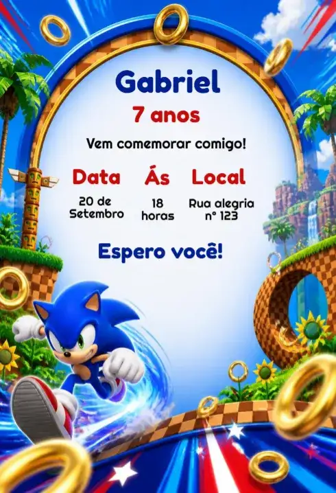 Convite de aniversário do sonic editavel