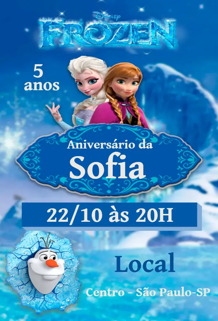 Invitación Convite de Aniversário Frozen – tema Aniversário Infantil azul gelado, branco neve, elementos de glaciar, estilo lúdico, ilustrações de personagens, detalhes em glitter