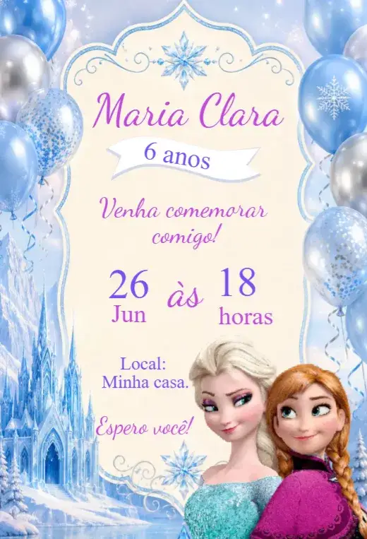 Convite Convite de aniversário Frozen – tema Aniversário Infantil temática Frozen, cores frias, elementos de inverno, estilo lúdico, design digital, ilustrações encantadoras