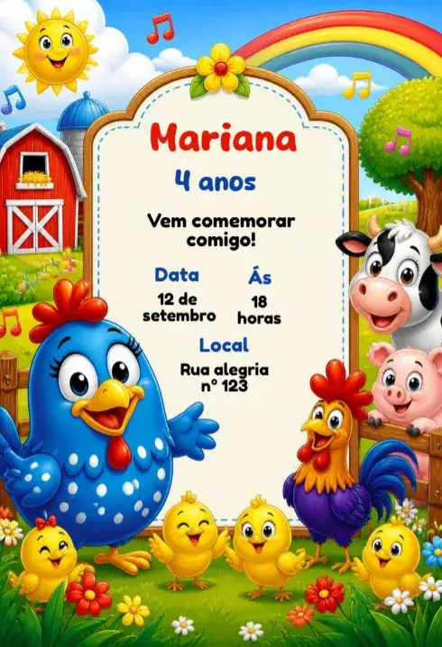 Invitation Convite de aniversário Galinha Pintadinha – Aniversário Infantil theme colorido, divertido, ilustrações infantis, vibrante, brincalhão