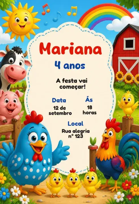 Invitation Convite de aniversário galinha pintadinha editável – Aniversário Infantil theme colorido, divertido, temática infantil, vibrante, lúdico