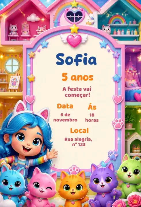 Convite Convite de aniversário gatinhos – tema Aniversário Infantil colorido, divertido, ilustrações fofas, estilo moderno, infantil, tema animal