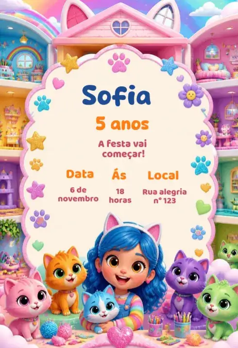 Convite Convite de aniversário gatinhos editável – tema Aniversário Infantil fofo, colorido, divertido, animais, infantil