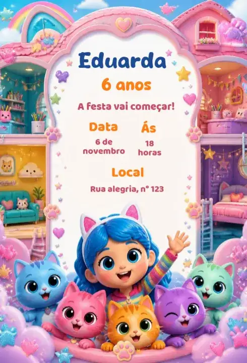Convite de aniversário gatinhos fofos