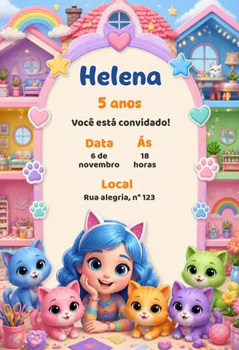 Convite Convite de aniversário gatinhos fofos – tema Aniversário Infantil colorido, divertido, fofo, ilustrações de gatinhos, estilo moderno