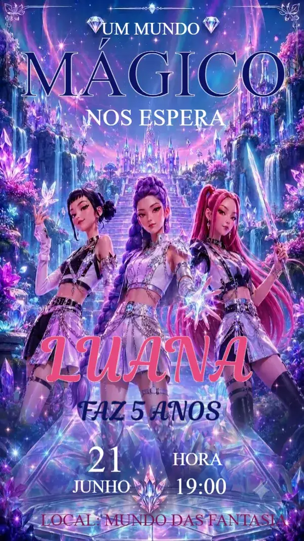 Convite Convite de aniversário - Guerreiras do K-Pop – tema Aniversário Infantil colorido, moderno, divertido, jovial, inspirado no K-Pop