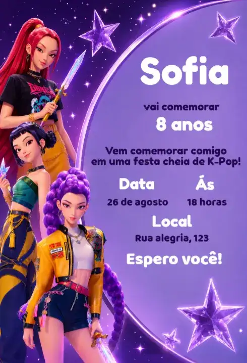 Convite de aniversário guerreiras do k pop editável