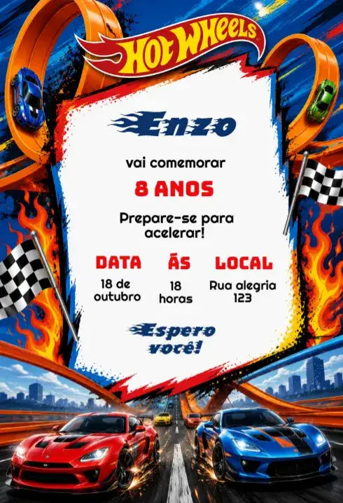 Convite de aniversário hot wheels