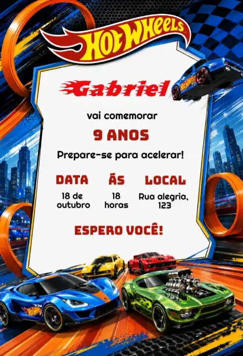 Convite de aniversário hot wheels editável