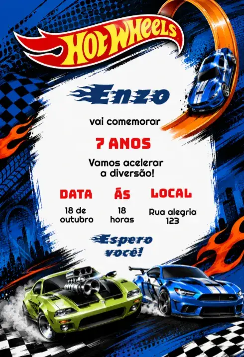 Convite Convite de aniversário hot wheels editável – tema Aniversário Infantil colorido, moderno, dinâmico, divertido, esportivo