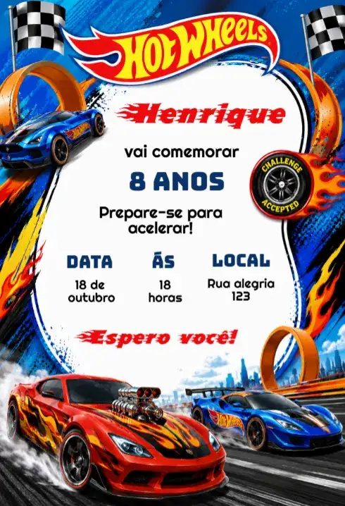Convite de Aniversário HotWheels Editável