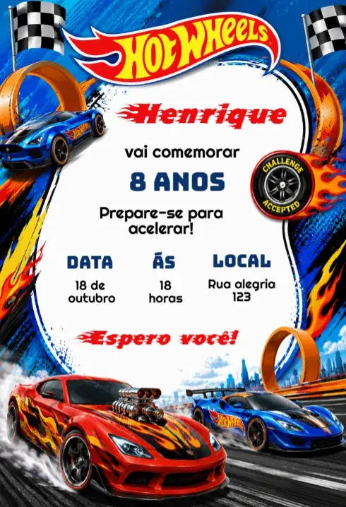Invitation Convite de Aniversário HotWheels Editável – Aniversário Infantil theme colorido, moderno, temático, divertido, jovial