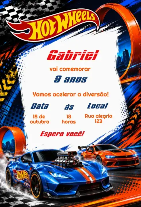 Convite de Aniversário HotWheels Editável