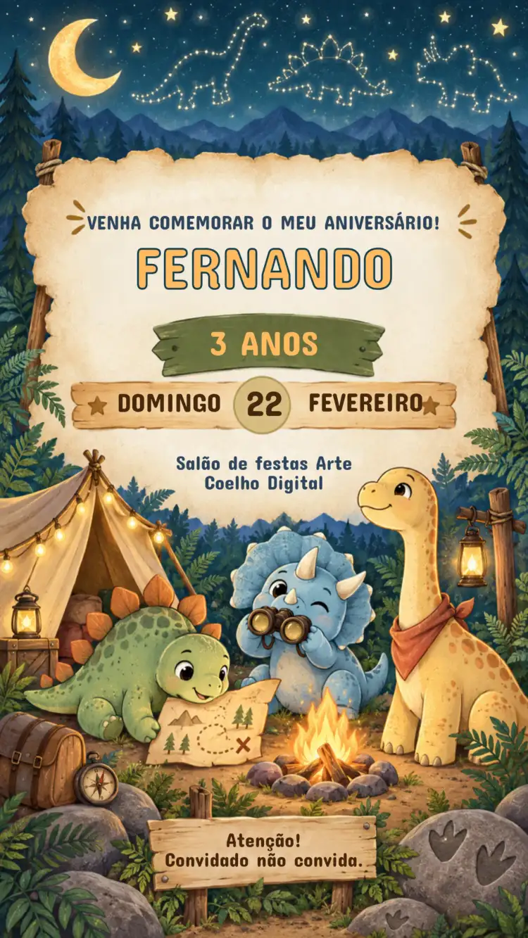 Convite de Aniversário Infantil Acampamento jurássico noturno