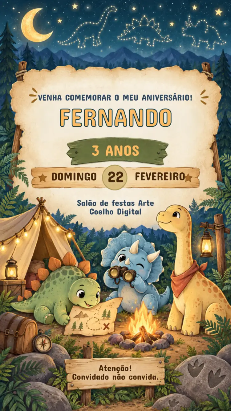 Convite de Aniversário Infantil Acampamento jurássico noturno