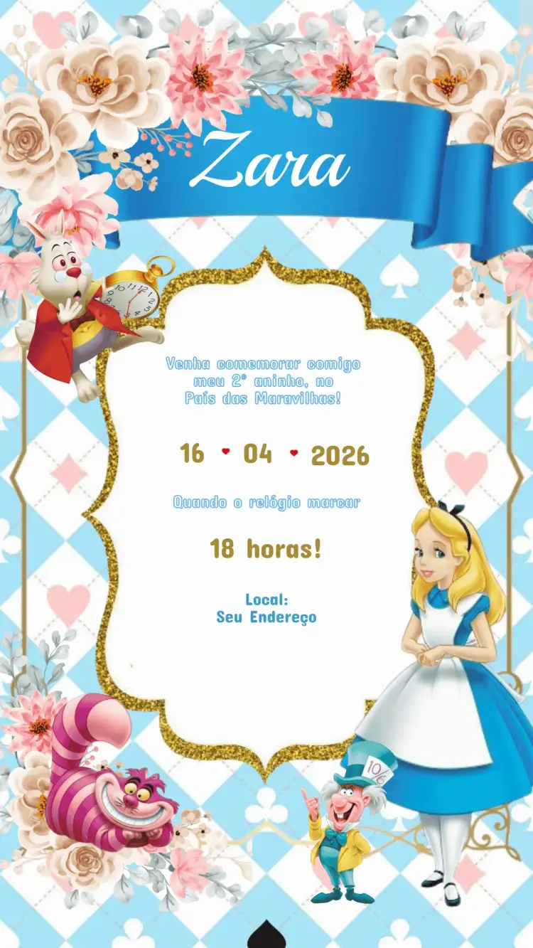 Invitación Convite de Aniversário Infantil Alice no País das Maravilhas – tema Aniversário Infantil cores vibrantes, estilo lúdico, elementos gráficos de conto de fadas, vintage, moderno, fantasia