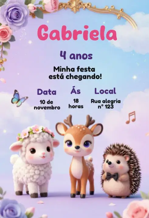 Convite Convite de aniversário infantil animais fofos – tema Aniversário Infantil colorido, divertido, ilustrações de animais, estilo lúdico, vibrante, infantil