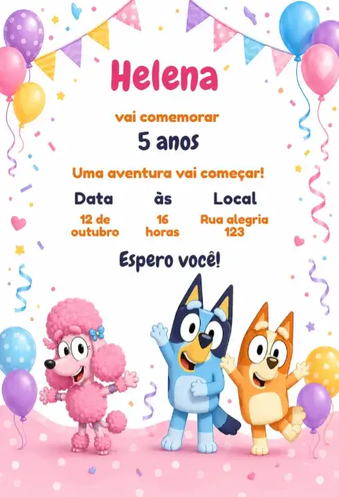Convite de Aniversário Infantil Bluey