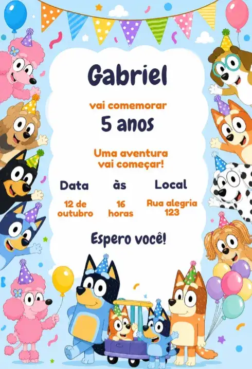 Convite de Aniversário Infantil Bluey e Amigos Editável
