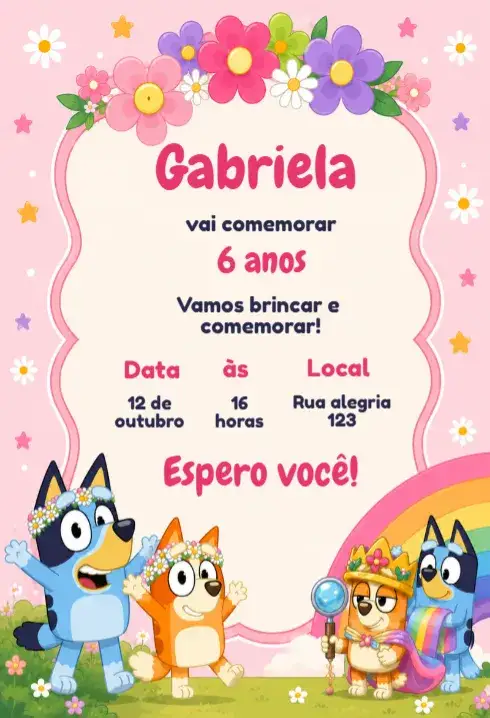 Invitation Convite de Aniversário Infantil Bluey e Amigos Editável – Aniversário Infantil theme colorido, divertido, infantil, temático, moderno