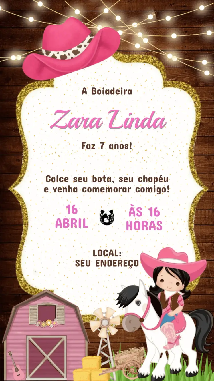 Convite de Aniversário Infantil Boiadeira Fazendeira