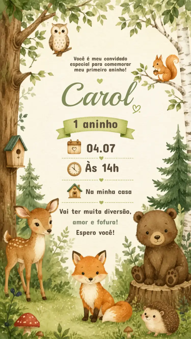 Invitación Convite de Aniversário Infantil Bosque Encantado – tema Aniversário Infantil cores vibrantes, elementos da natureza, ilustrações divertidas, estilo lúdico, design encantador