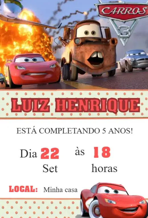 Convite de aniversário infantil Carros