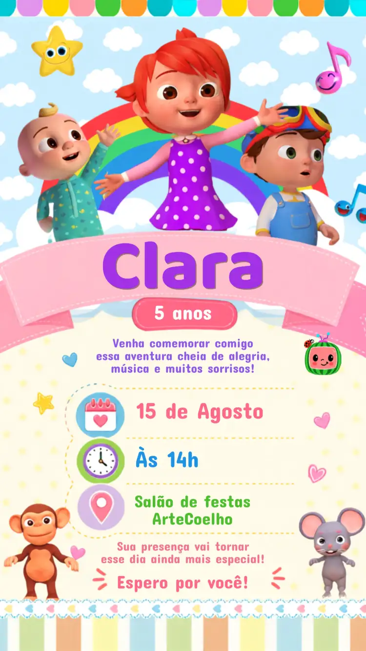 Invitation Convite de Aniversário Infantil COCOMELON – Aniversário Infantil theme colorido, lúdico, divertido, personagens animados, infantil, temática