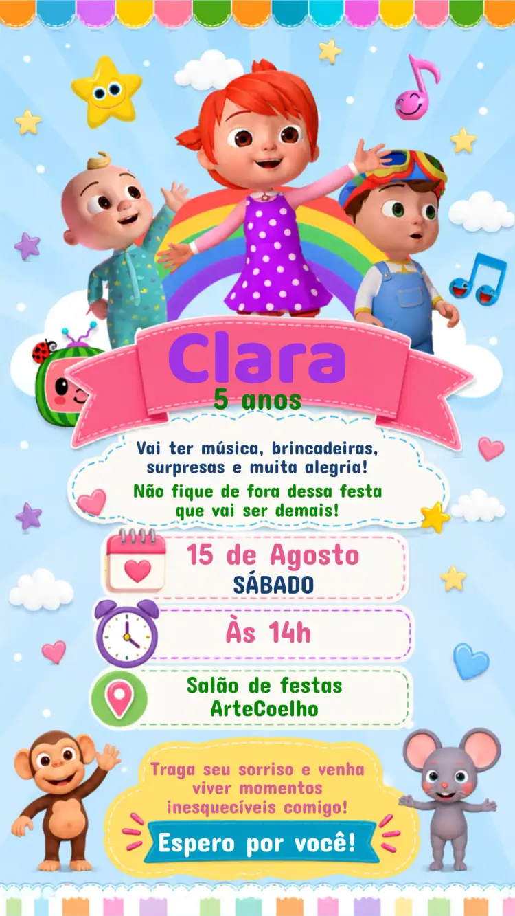 Invitation Convite de Aniversário Infantil COCOMELON – Aniversário Infantil theme colorido, divertido, infantil, temático, ilustrações animadas, brincalhão