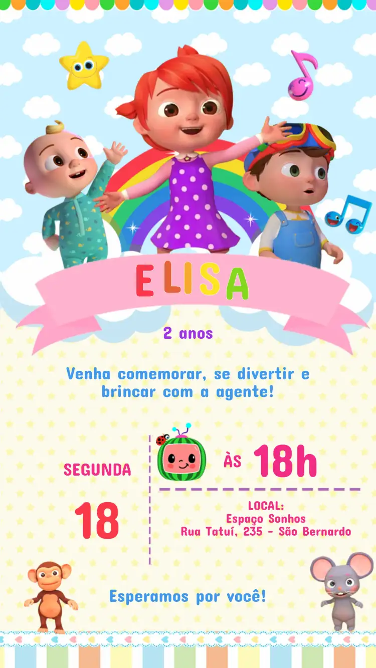 Invitation Convite de Aniversário Infantil COCOMELON – Aniversário Infantil theme colorido, lúdico, divertido, infantil, temático, alegre