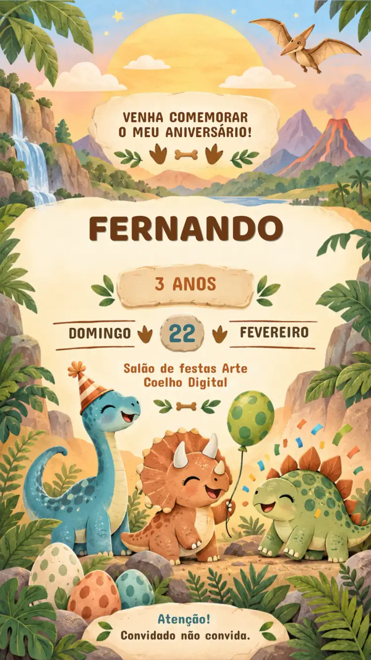 Invitation Convite de Aniversário Infantil Dinossauro – Aniversário Infantil theme vibrante, divertido, ilustrações de dinossauros, cores alegres, estilo infantil, tema jurássico