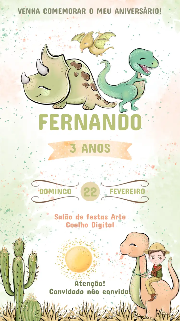 Invitation Convite de Aniversário Infantil Dinossauro – Aniversário Infantil theme colorido, divertido, pré-histórico, ilustrações de dinossauros, estilo infantil, vibrante