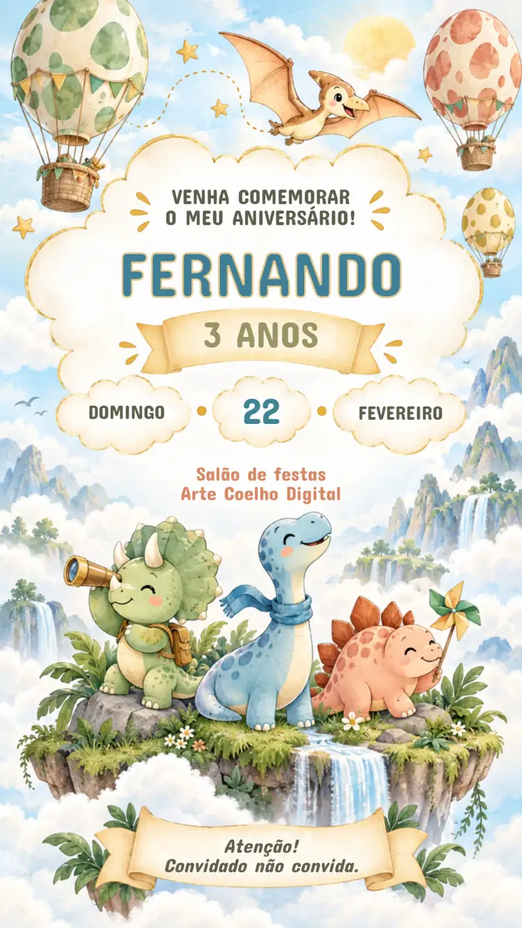 Invitation Convite de Aniversário Infantil Dinossauro aventura nas nuvens – Aniversário Infantil theme vibrante, lúdico, colorido, divertido, temática de dinossauro