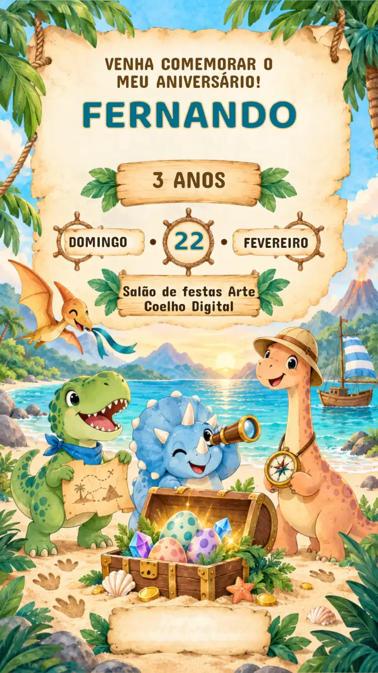 Convite de Aniversário Infantil Dinossauro caça ao tesouro tropical