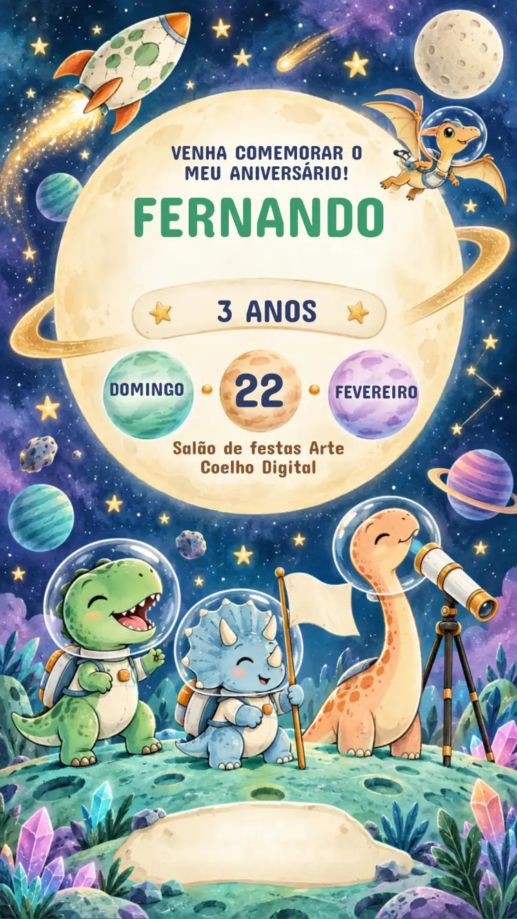 Convite de Aniversário Infantil Dinossauro exploradores espaciais