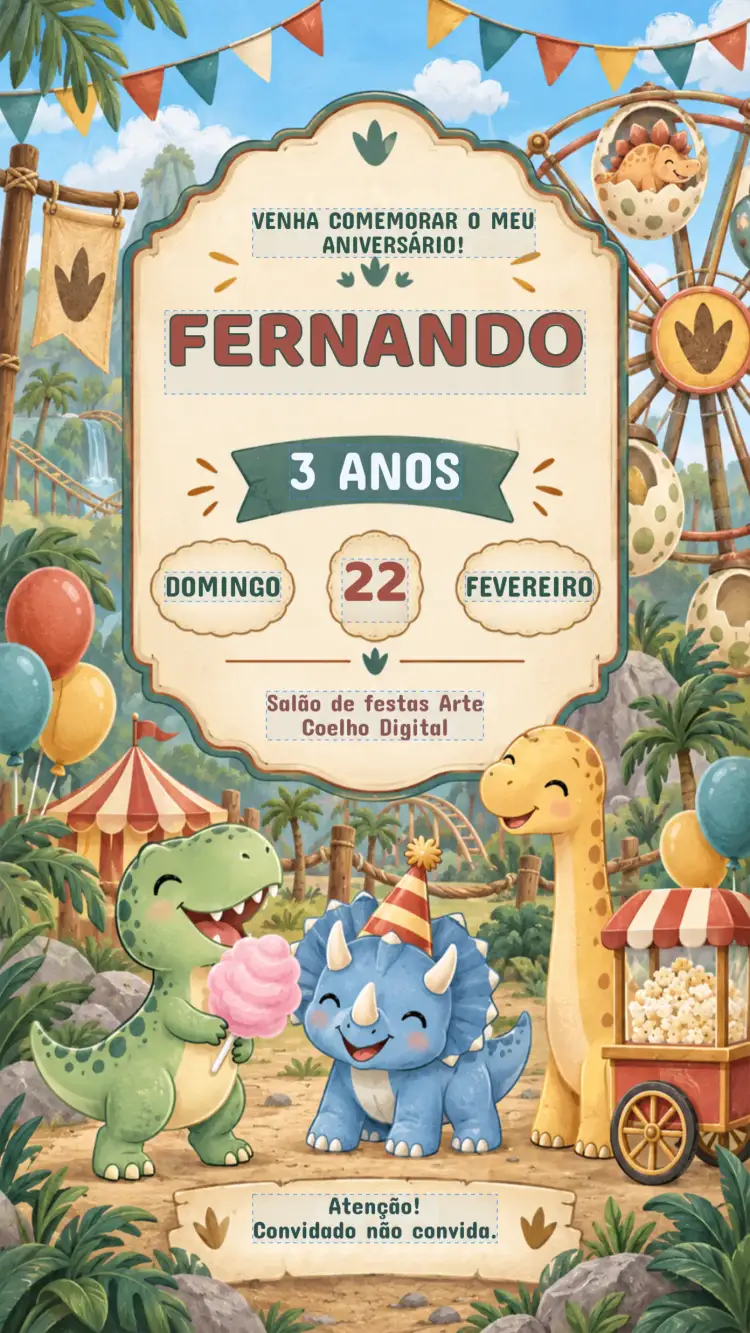 Invitation Convite de Aniversário Infantil Dinossauro parque de diversões jurássico – Aniversário Infantil theme colorido, jurássico, diversões, infantil, animado