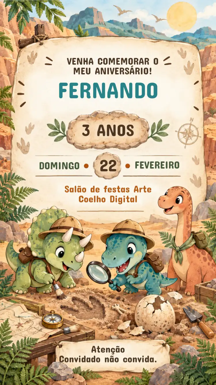 Convite de Aniversário Infantil Dinossauros expedição paleontológica