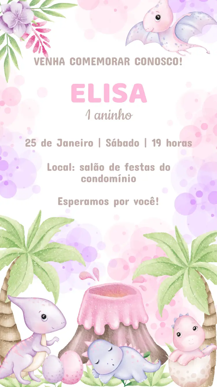 Invitación Convite de Aniversário Infantil DINOSSAUROS MENINA – tema Aniversário Infantil colorido, divertido, lúdico, moderno, infantil